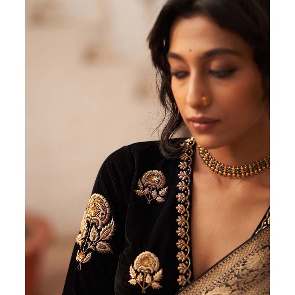 Label Earthen Surma Rani Phool Checks Zari Saree with Zardozi with Stitched Blouse