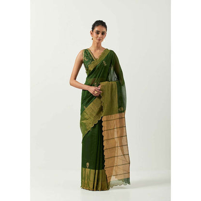 Label Earthen Hina Green Handwoven Saree with Embroidered with Stitched Blouse