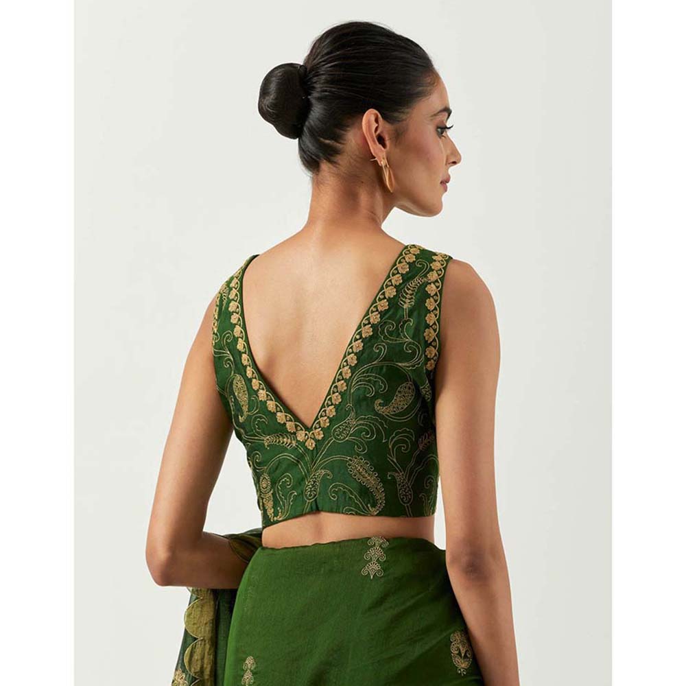 Label Earthen Hina Green Handwoven Saree with Embroidered with Stitched Blouse