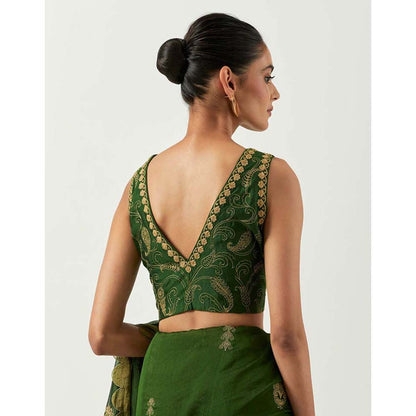 Label Earthen Hina Green Handwoven Saree with Embroidered with Stitched Blouse