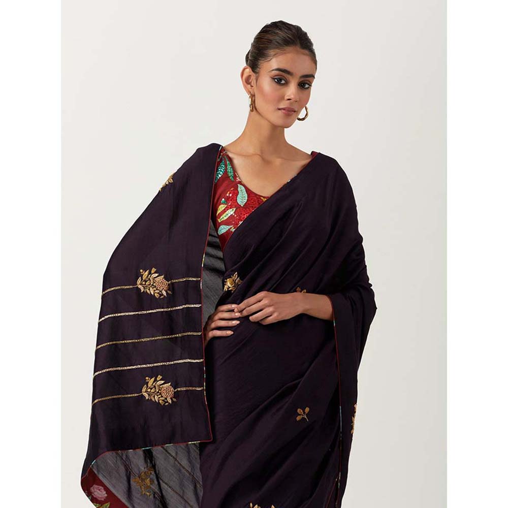 Label Earthen Syahi Anar Saree with Embroidered Zardozi with Stitched Blouse
