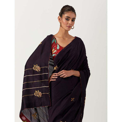 Label Earthen Syahi Anar Saree with Embroidered Zardozi with Stitched Blouse