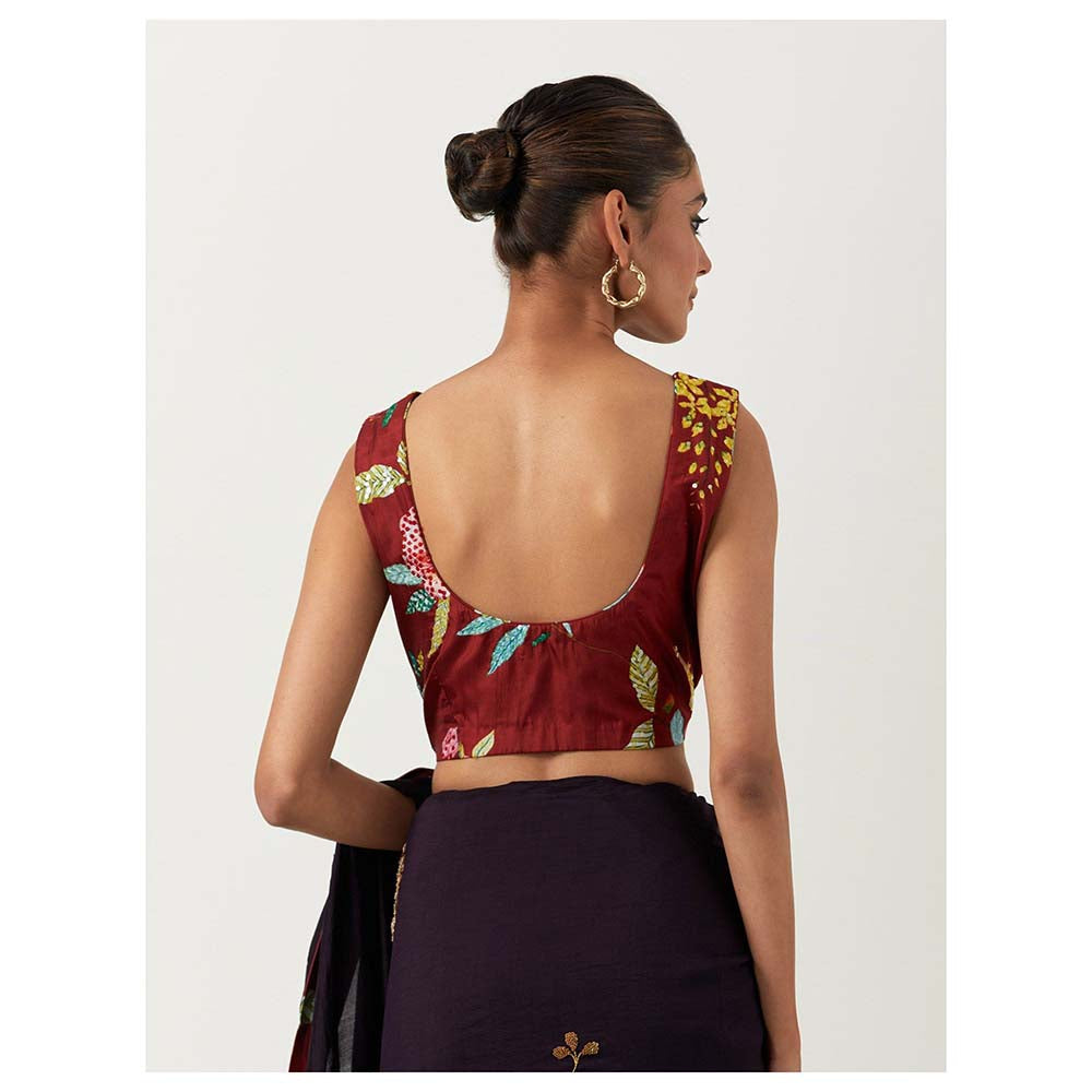 Label Earthen Syahi Anar Saree with Embroidered Zardozi with Stitched Blouse