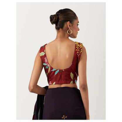 Label Earthen Syahi Anar Saree with Embroidered Zardozi with Stitched Blouse