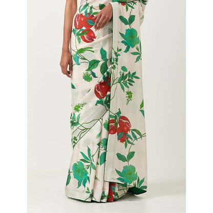 Label Earthen Ramri Ivory & Green Printed Saree with Embroidered with Stitched Blouse