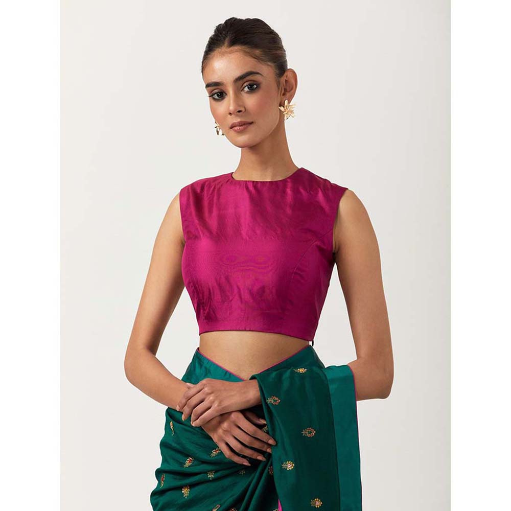 Label Earthen Hazzarbuti Bottle Green Chiniya Silk Embroidered Saree with Stitched Blouse