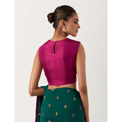 Label Earthen Hazzarbuti Bottle Green Chiniya Silk Embroidered Saree with Stitched Blouse