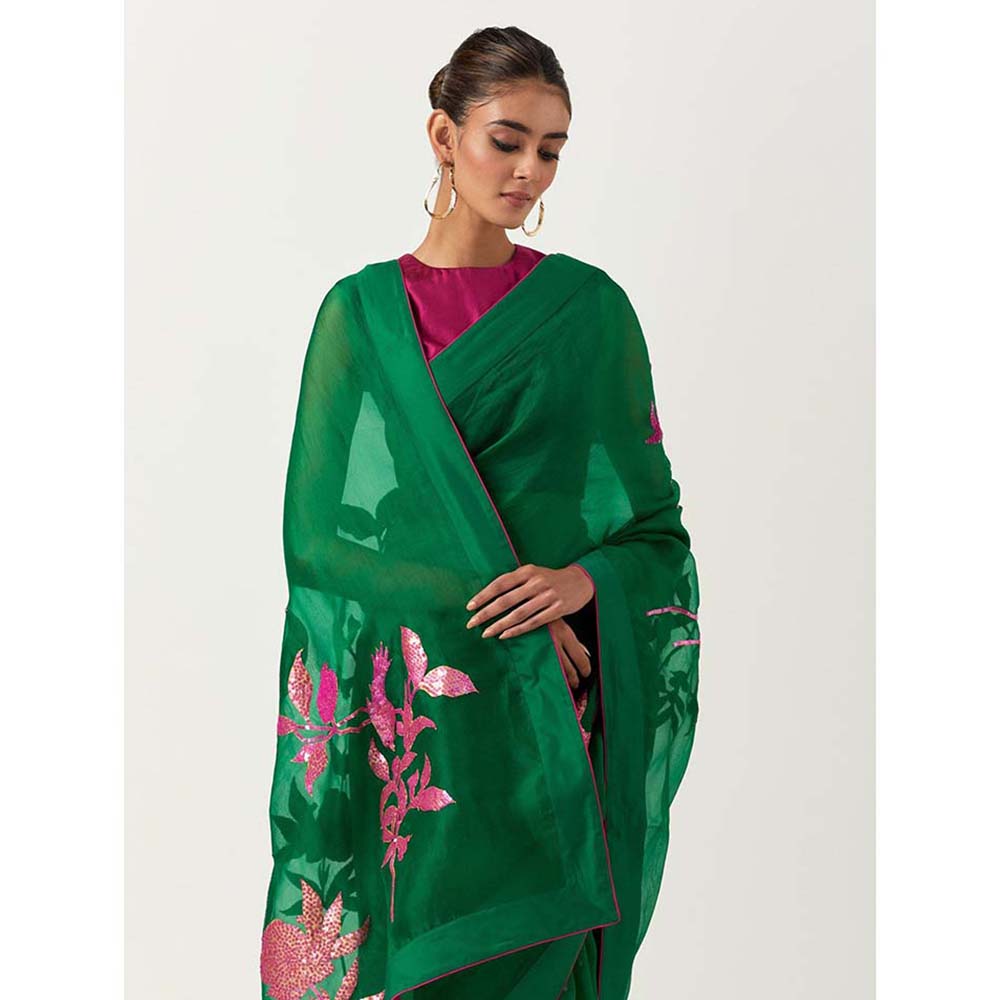 Label Earthen Harit Sundari Embellished Saree with Stitched Blouse