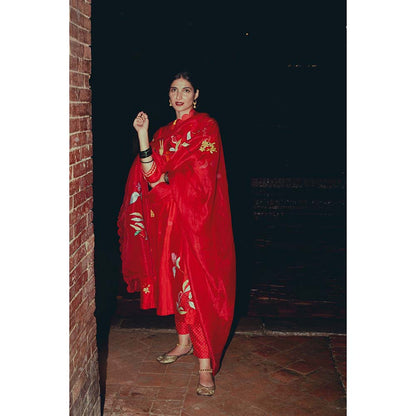 Label Earthen Laal Sunahri Embroidered Kurta Pant with Dupatta (Set of 3)