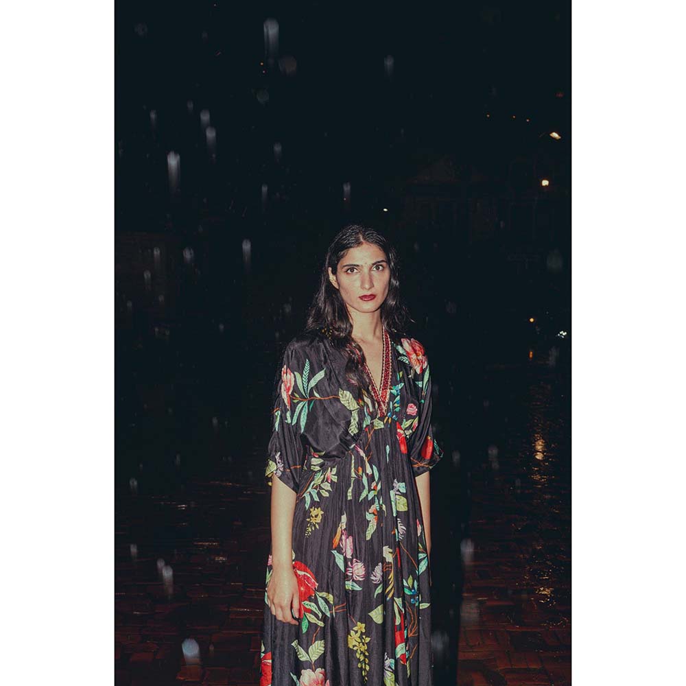 Label Earthen Surmai Black Habutai Silk Floral Kaftan with Hand Embroidery