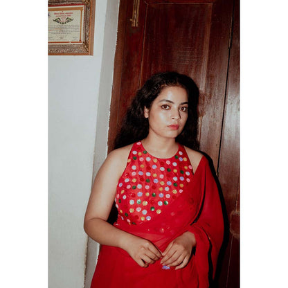 Label Earthen Red Phool Sitara Frill Saree with Stitched Blouse