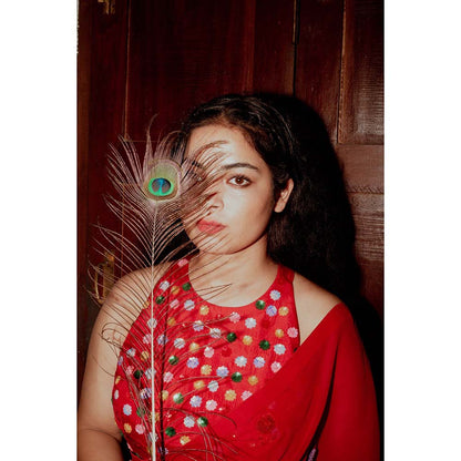 Label Earthen Red Phool Sitara Frill Saree with Stitched Blouse