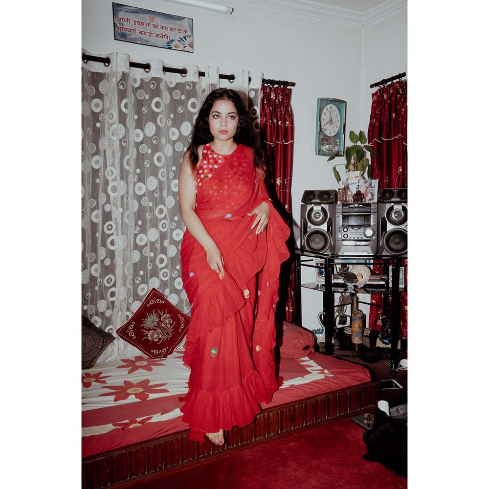 Label Earthen Red Phool Sitara Frill Saree with Stitched Blouse