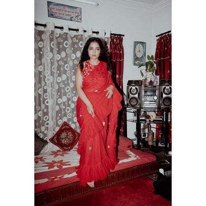 Label Earthen Red Phool Sitara Frill Saree with Stitched Blouse