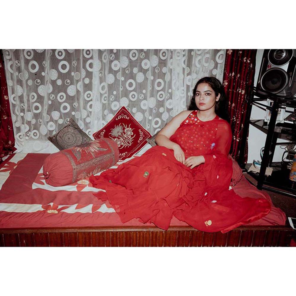 Label Earthen Red Phool Sitara Frill Saree with Stitched Blouse