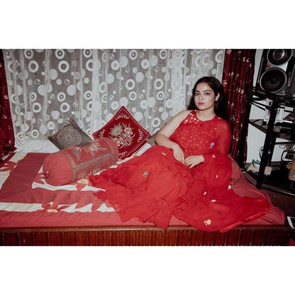 Label Earthen Red Phool Sitara Frill Saree with Stitched Blouse
