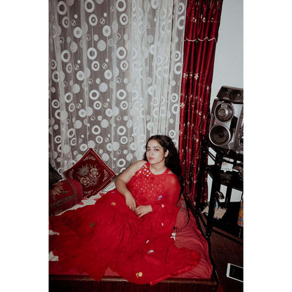 Label Earthen Red Phool Sitara Frill Saree with Stitched Blouse
