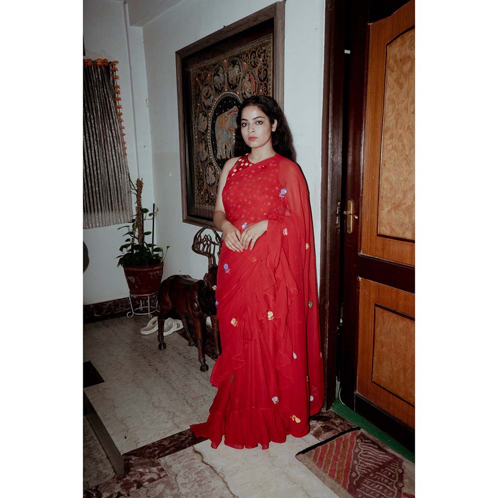 Label Earthen Red Phool Sitara Frill Saree with Stitched Blouse