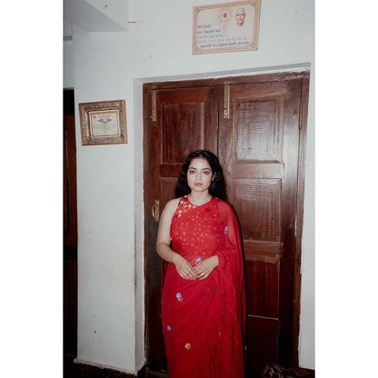 Label Earthen Red Phool Sitara Frill Saree with Stitched Blouse
