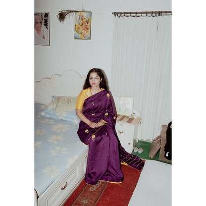 Label Earthen Jamuni Champa Kali Saree with Hand Embroidery & Brocade with Stitched Blouse