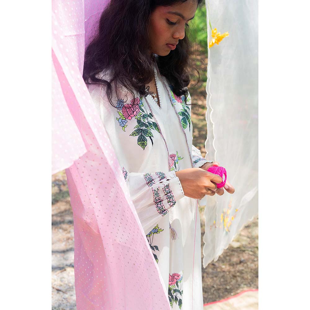Label Earthen Ivory and Pink Chanderi Silk Dress