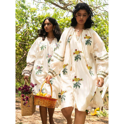 Label Earthen Ivory and Yellow Chanderi Silk Dress