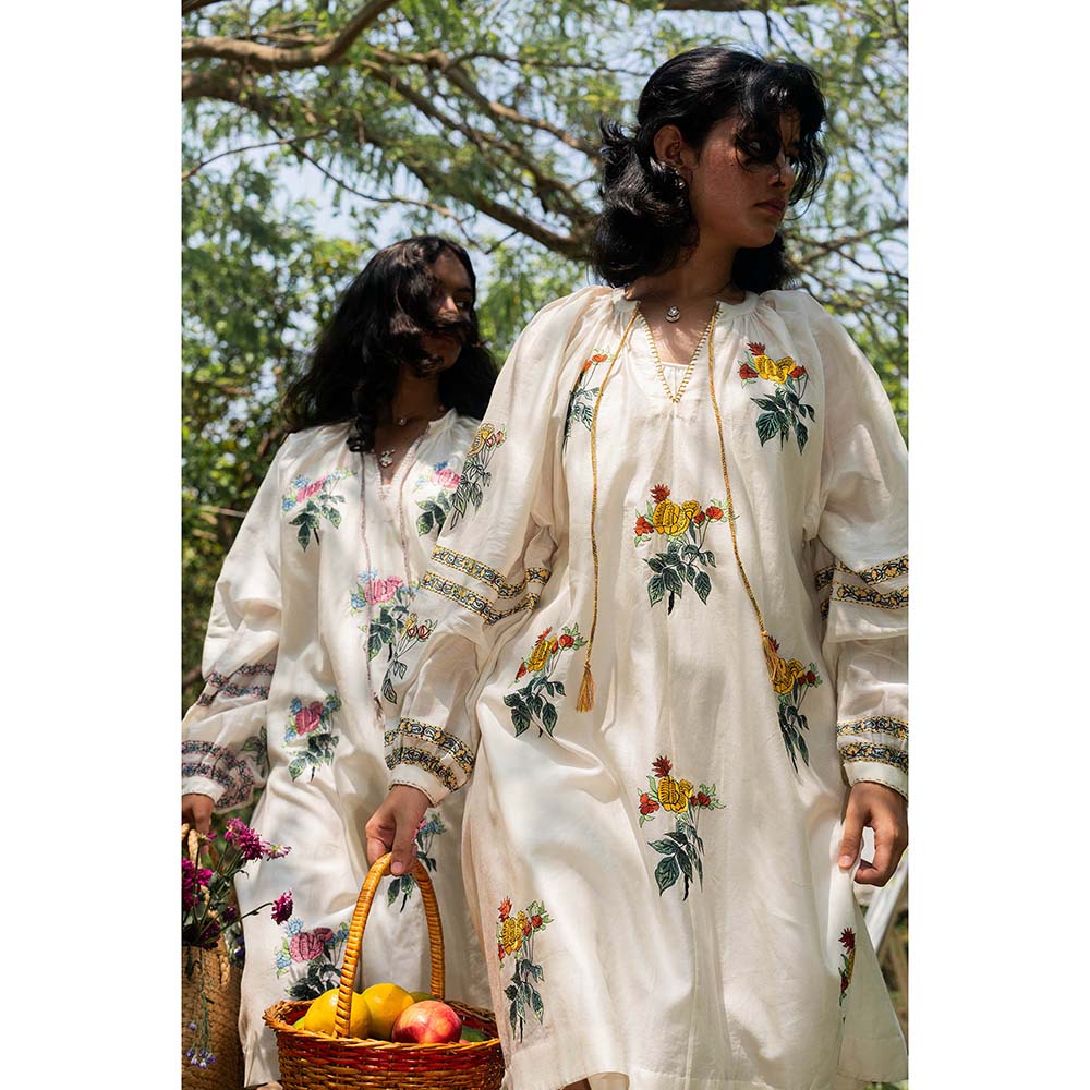 Label Earthen Ivory and Yellow Chanderi Silk Dress