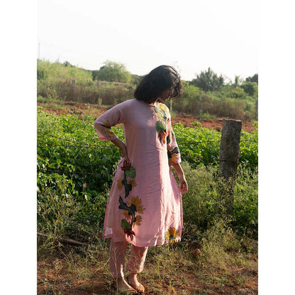 Label Earthen Pink Chanderi Embroidery Detailing Kurta and Trouser (Set of 2)