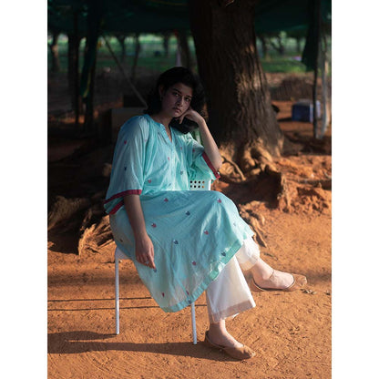 Label Earthen Aqua Blue Yoke Hand Embroidery Detailing Kurta and Trouser (Set of 2)
