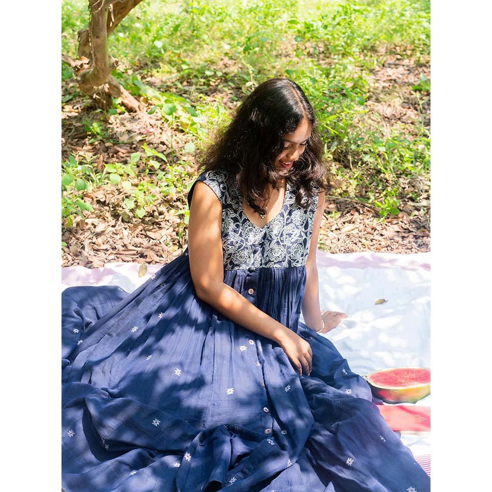 Label Earthen Navy Blue Sleeveless Kalidaar Embroidery Detailing Dress