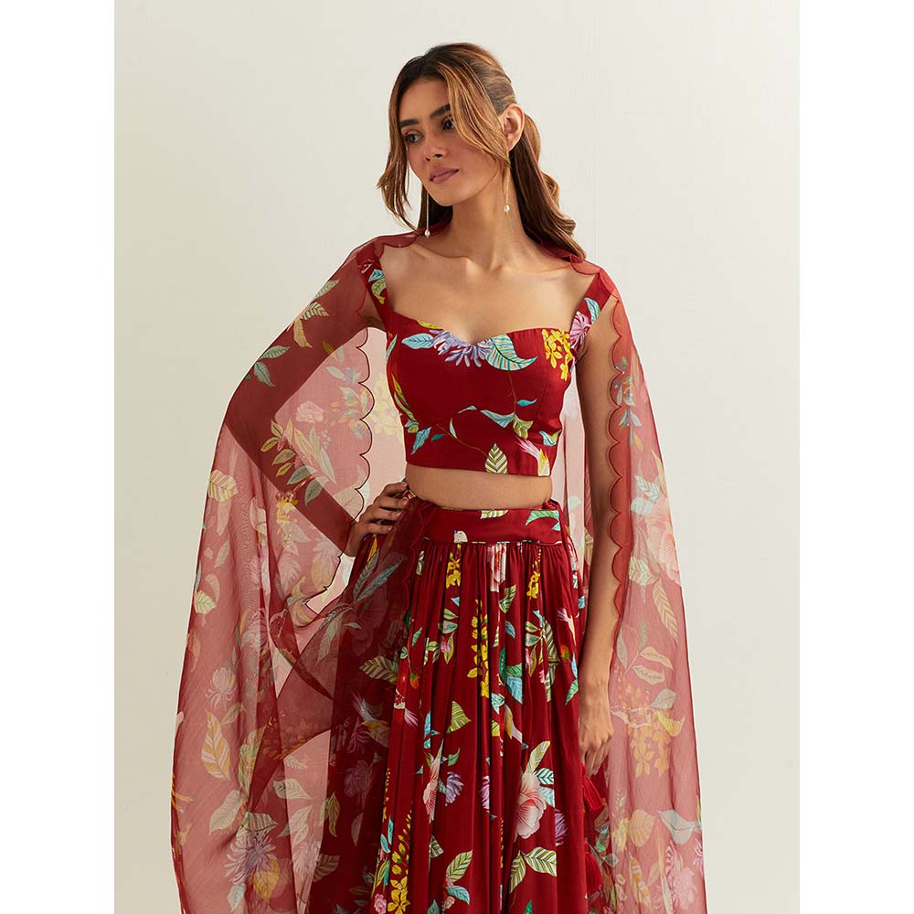 Label Earthen Red Luna Skirt and Blouse with Scallop Dupatta. (Set of 3)