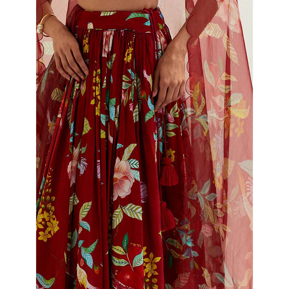 Label Earthen Red Luna Skirt and Blouse with Scallop Dupatta. (Set of 3)