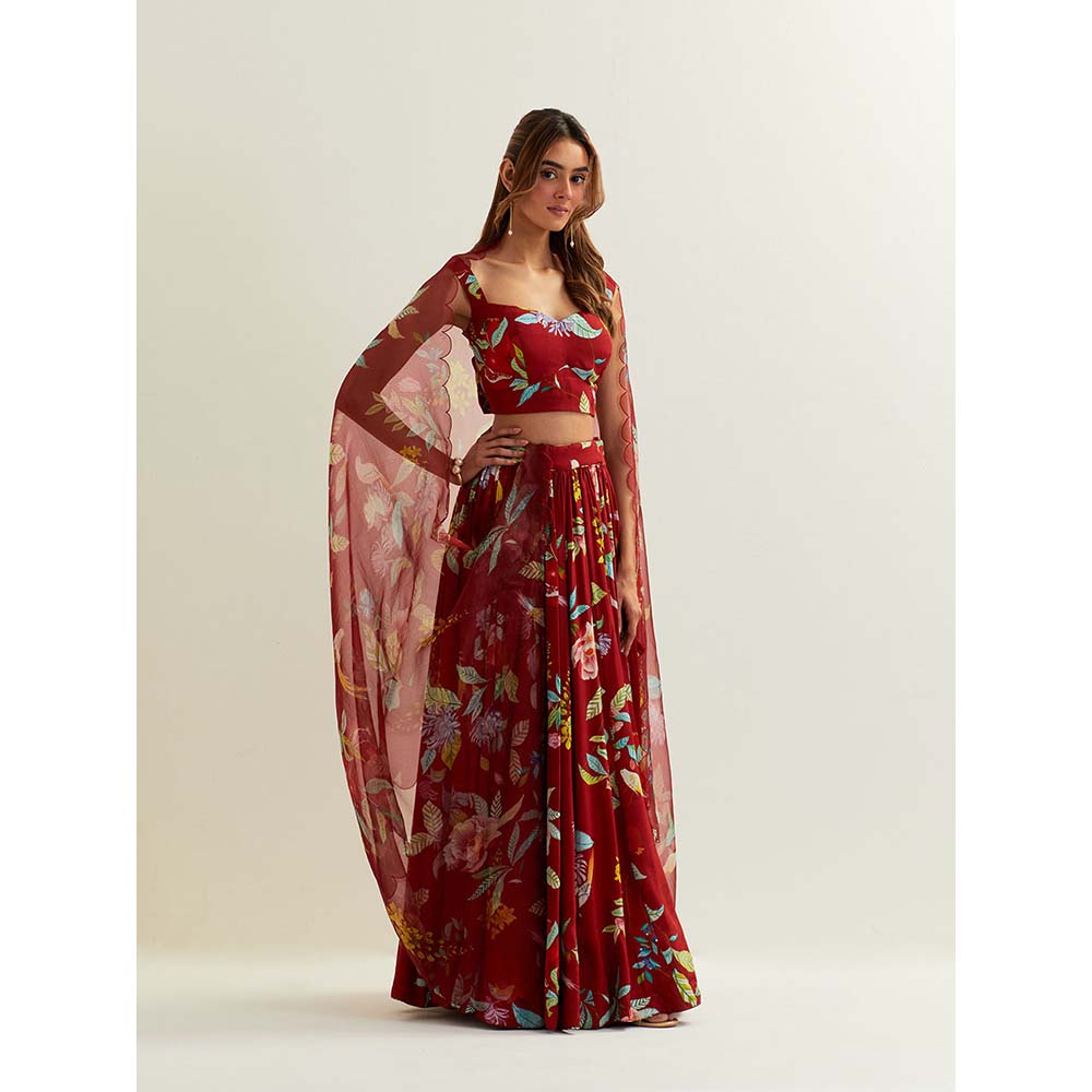 Label Earthen Red Luna Skirt and Blouse with Scallop Dupatta. (Set of 3)