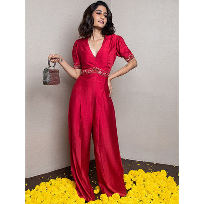 LABEL KIARSH Red Embellished Jumpsuit