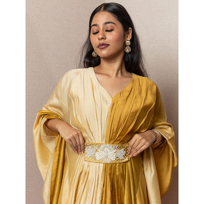 LABEL KIARSH Ombre Mustard Yellow Embellished Kaftan with Belt (Set of 2)