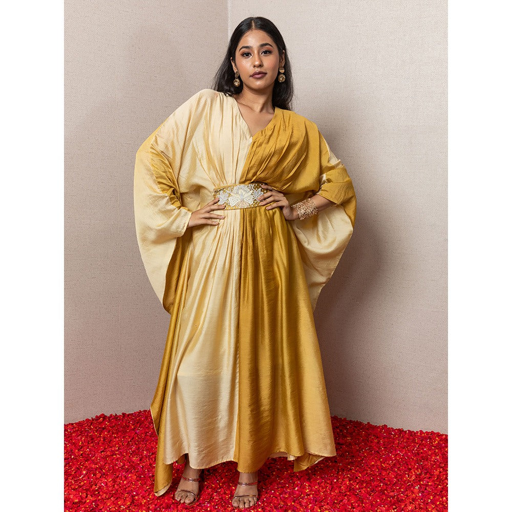 LABEL KIARSH Ombre Mustard Yellow Embellished Kaftan with Belt (Set of 2)