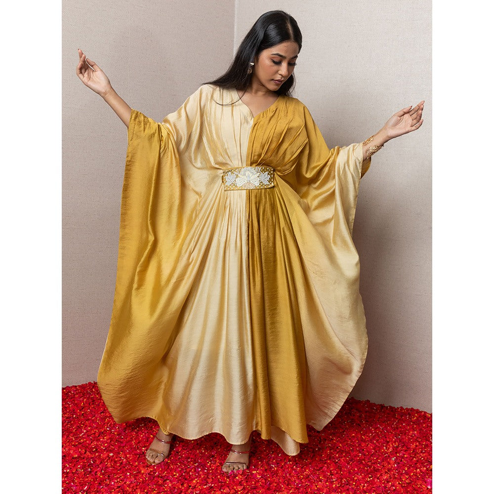 LABEL KIARSH Ombre Mustard Yellow Embellished Kaftan with Belt (Set of 2)