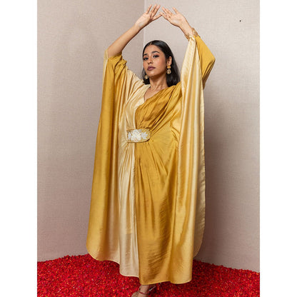 LABEL KIARSH Ombre Mustard Yellow Embellished Kaftan with Belt (Set of 2)