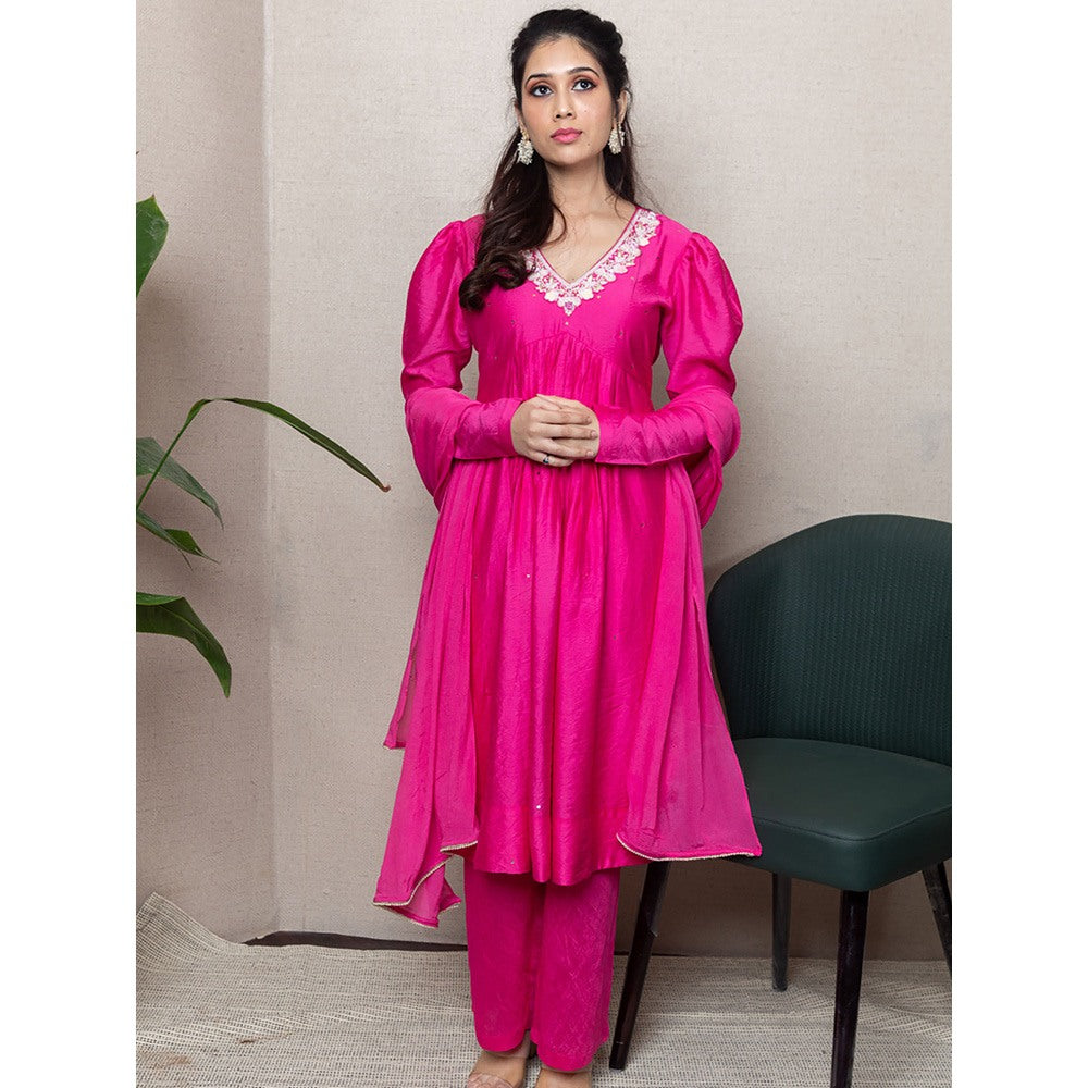 LABEL KIARSH Pink Embellished Puffed Sleeved Kurta with Dupatta (Set of 3)