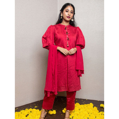 LABEL KIARSH Red Balloon Sleeved Kurti with Dupattta (Set of 3)