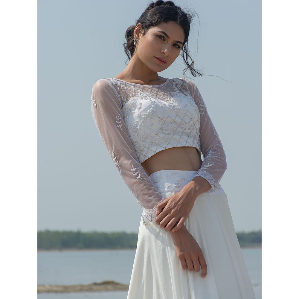 LABEL KIARSH Ivory White Embroidered Lehenga Choli (Set of 2)