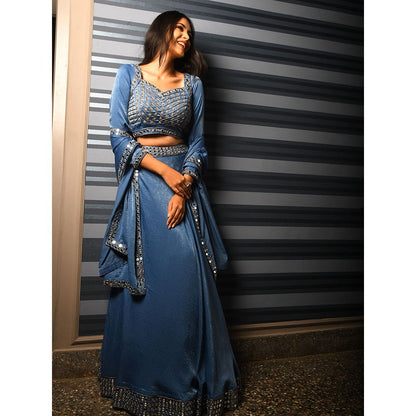 LABEL KIARSH Sapphire Blue Mirror Embellished Lehenga with Dupatta (Set of 3)