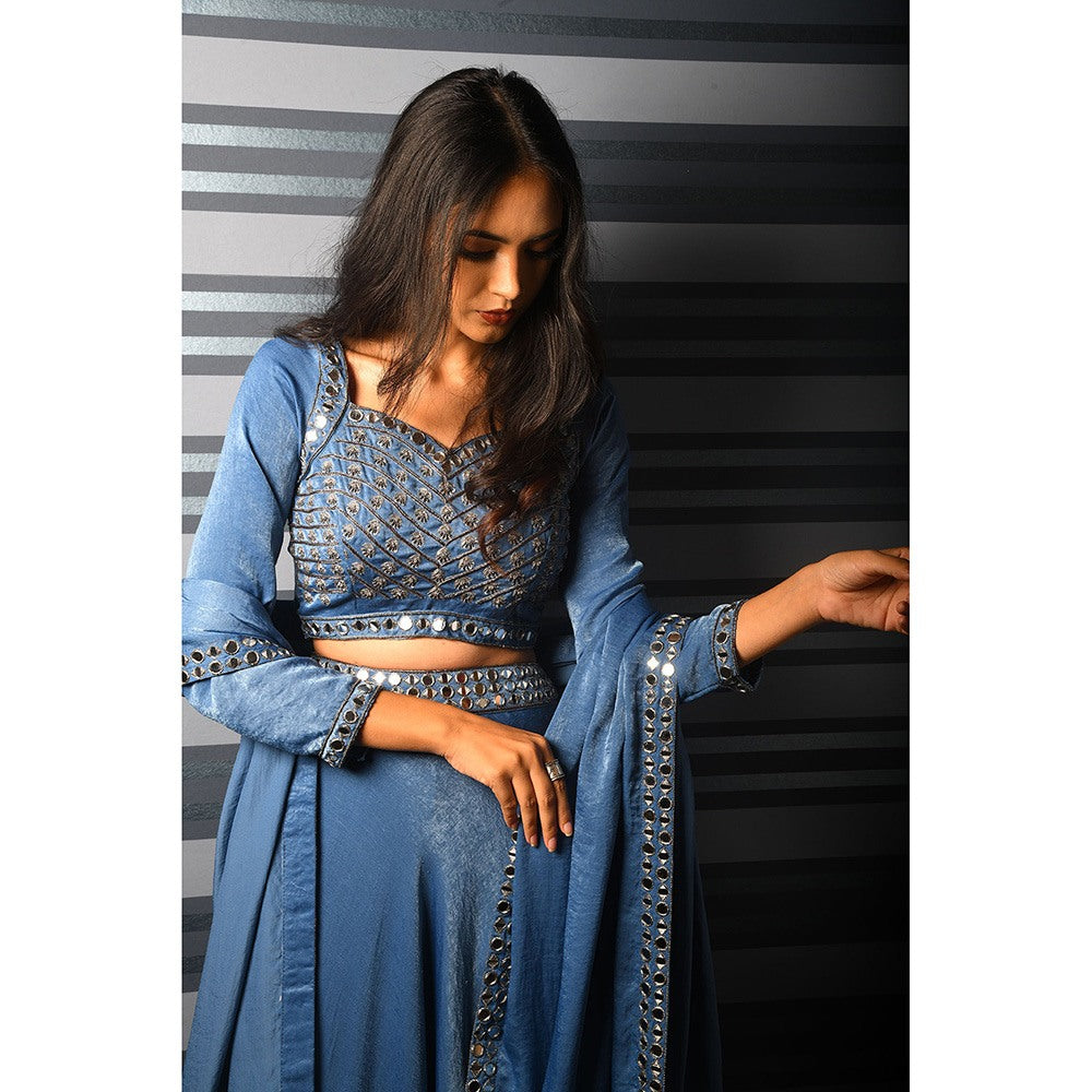 LABEL KIARSH Sapphire Blue Mirror Embellished Lehenga with Dupatta (Set of 3)