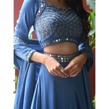 LABEL KIARSH Sapphire Blue Mirror Embellished Lehenga with Dupatta (Set of 3)