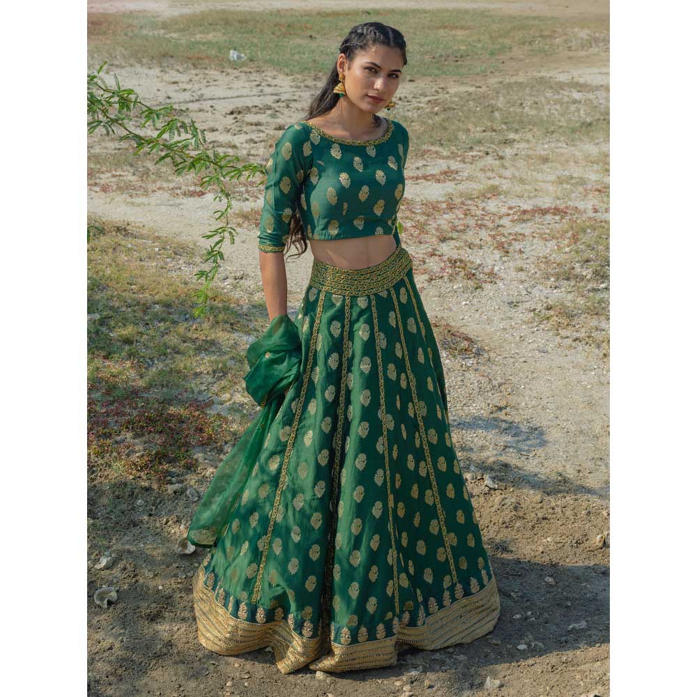 LABEL KIARSH Emerald Green Lehenga with Dupatta (Set of 3)