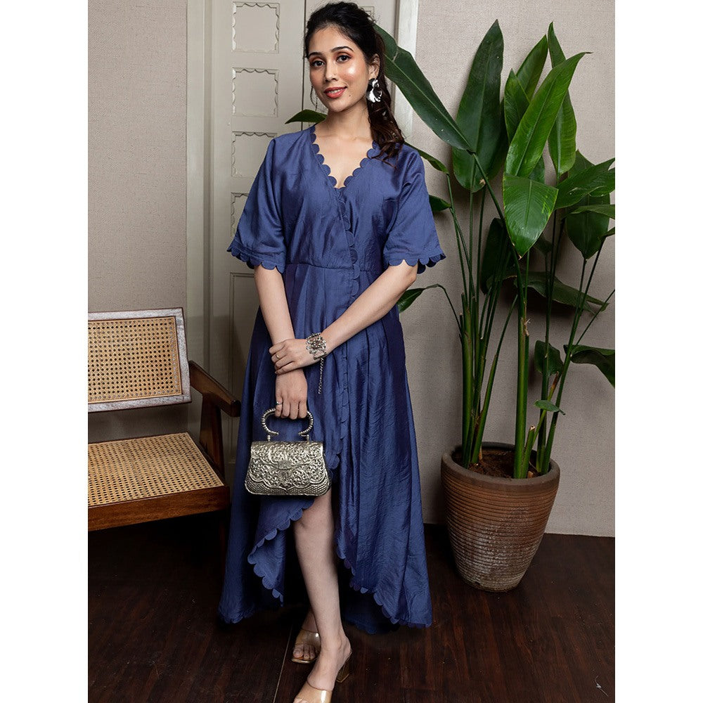 LABEL KIARSH Blue Overlap Scalloped Dress