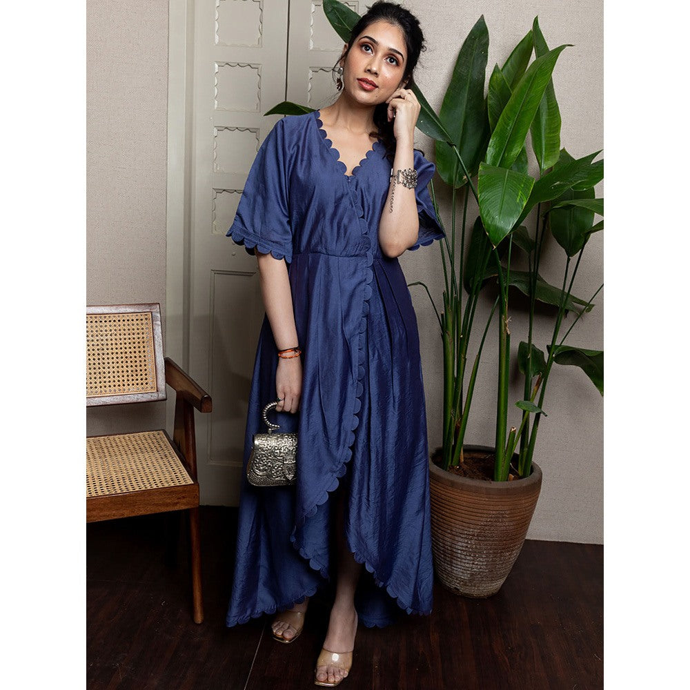 LABEL KIARSH Blue Overlap Scalloped Dress