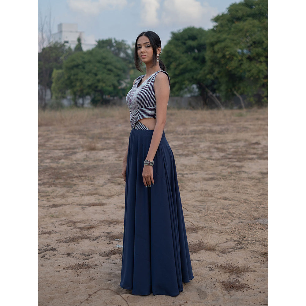 LABEL KIARSH Midnight Blue Embellished Cut Out Gown