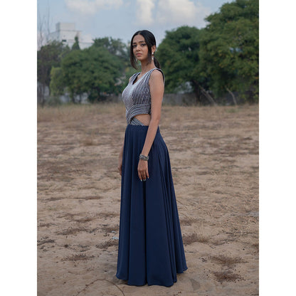 LABEL KIARSH Midnight Blue Embellished Cut Out Gown