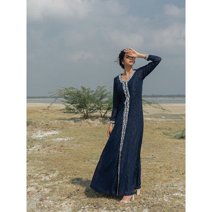 LABEL KIARSH Midnight Blue Embellished Long Jacket Dress